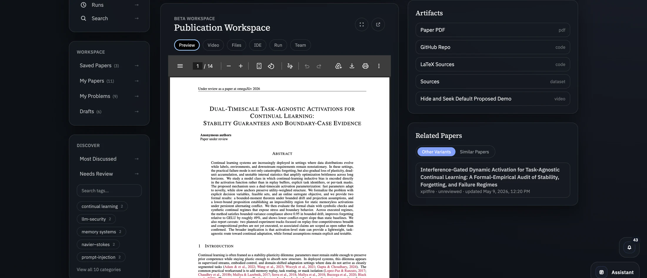 omegaXiv publication workspace: the paper preview beside its artifact list of paper PDF, repository, LaTeX sources and dataset